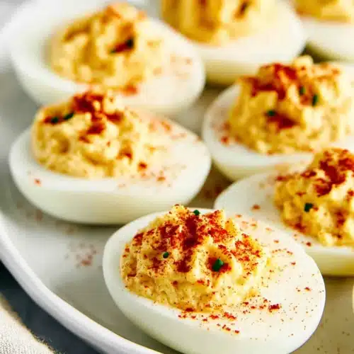 Classic deviled eggs with paprika on marble background