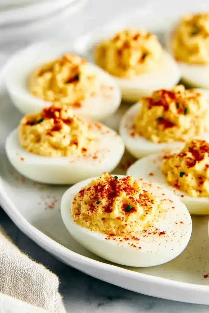 Classic deviled eggs with paprika on marble background