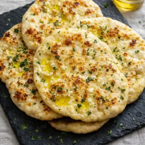 Cottage Cheese Flatbread Recipe That’s Soft, Easy, and High Protein 3 Golden cottage cheese flatbread with herbs and butter on slate board