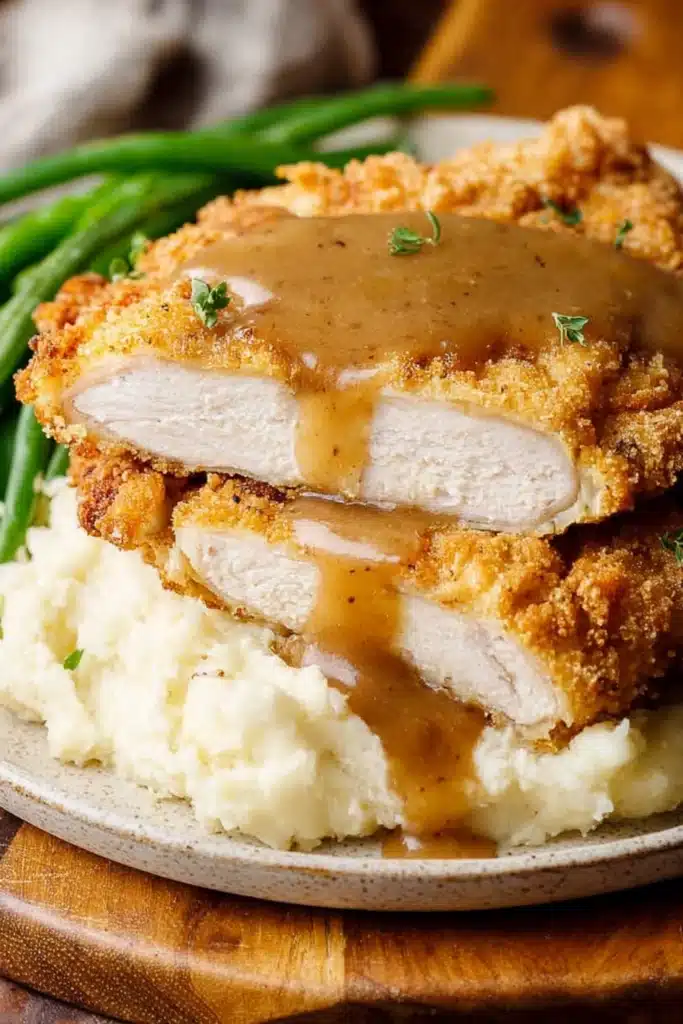 Country fried chicken sliced over mashed potatoes with gravy