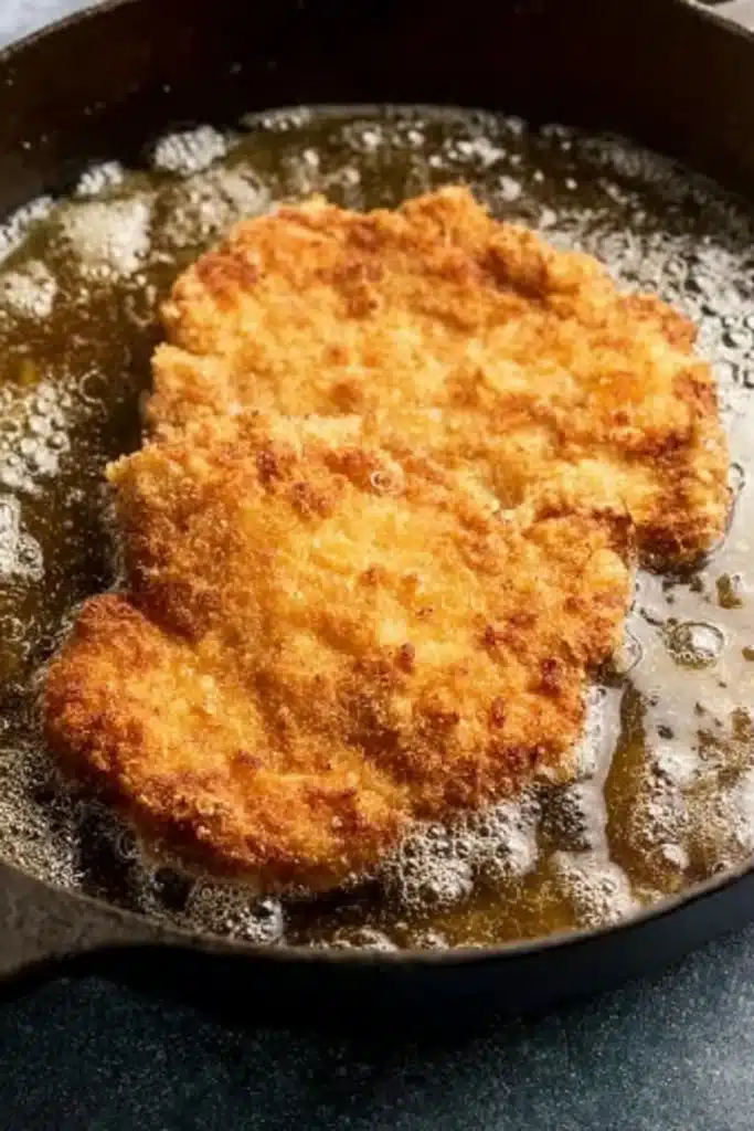 Country fried chicken frying in skillet with crispy golden crust