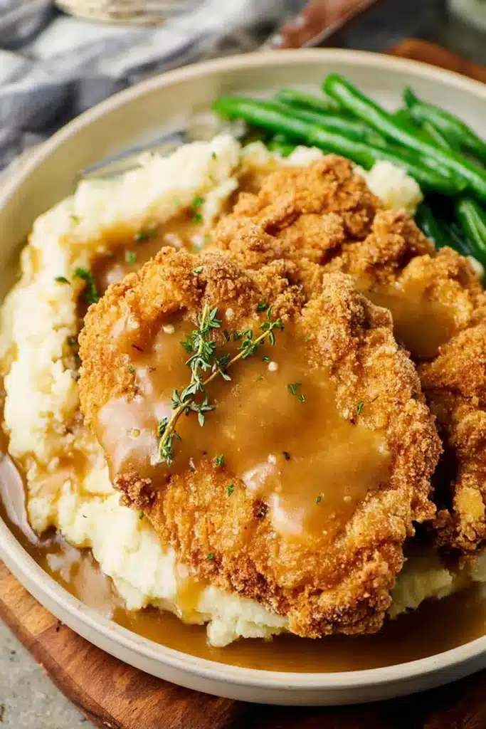 Country fried chicken with mashed potatoes and brown gravy on white plate
