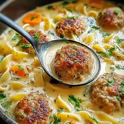 Cozy Swedish Meatball Soup 3 Cozy Swedish Meatball Soup with noodles, herbs, and browned meatballs in a rustic bowl