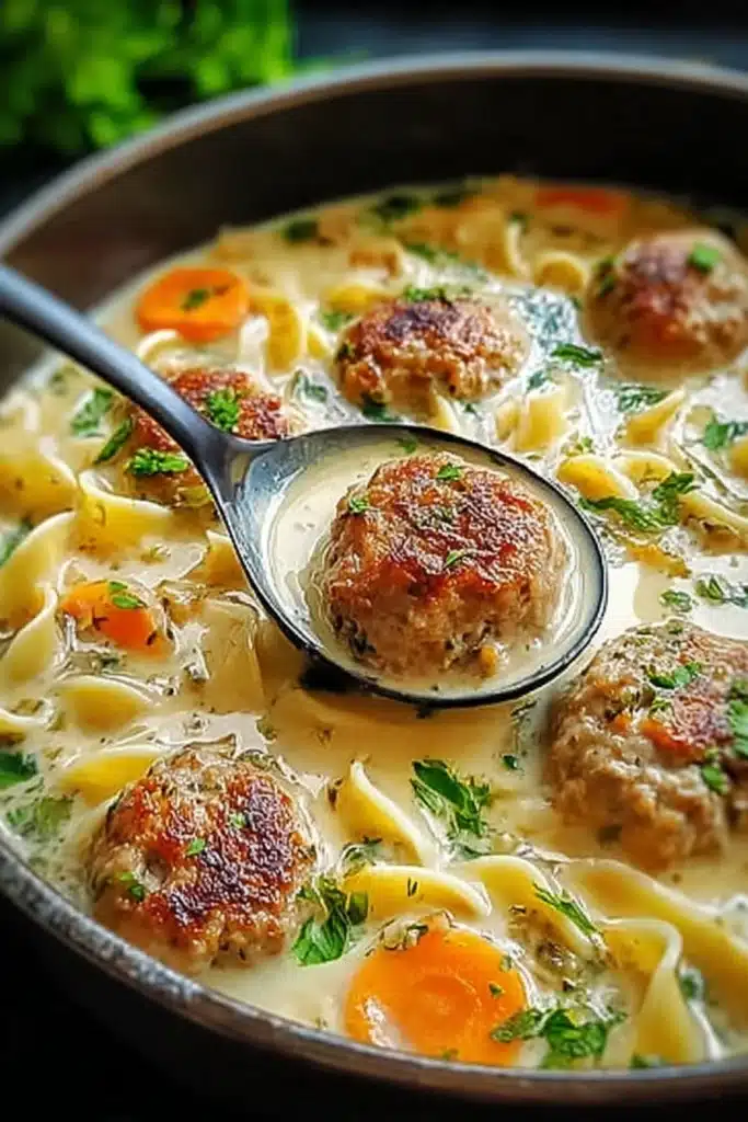 Cozy Swedish Meatball Soup 1 Creamy Swedish meatball soup with noodles, herbs, and browned meatballs in a rustic bowl