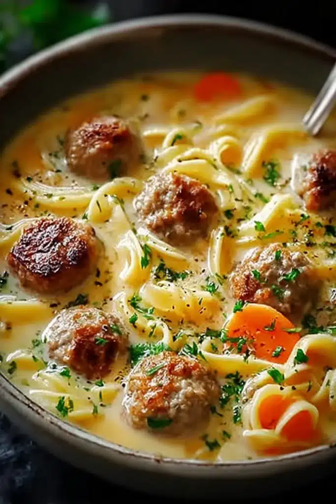 Cozy Swedish Meatball Soup 2 Cozy Swedish Meatball Soup with creamy broth, noodles, and browned meatballs
