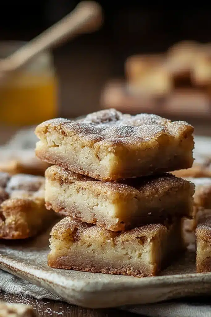 Cozy and Sweet Honey Cinnamon Dessert 2 Cozy and Sweet Honey Cinnamon Dessert blondies stacked with soft chewy texture