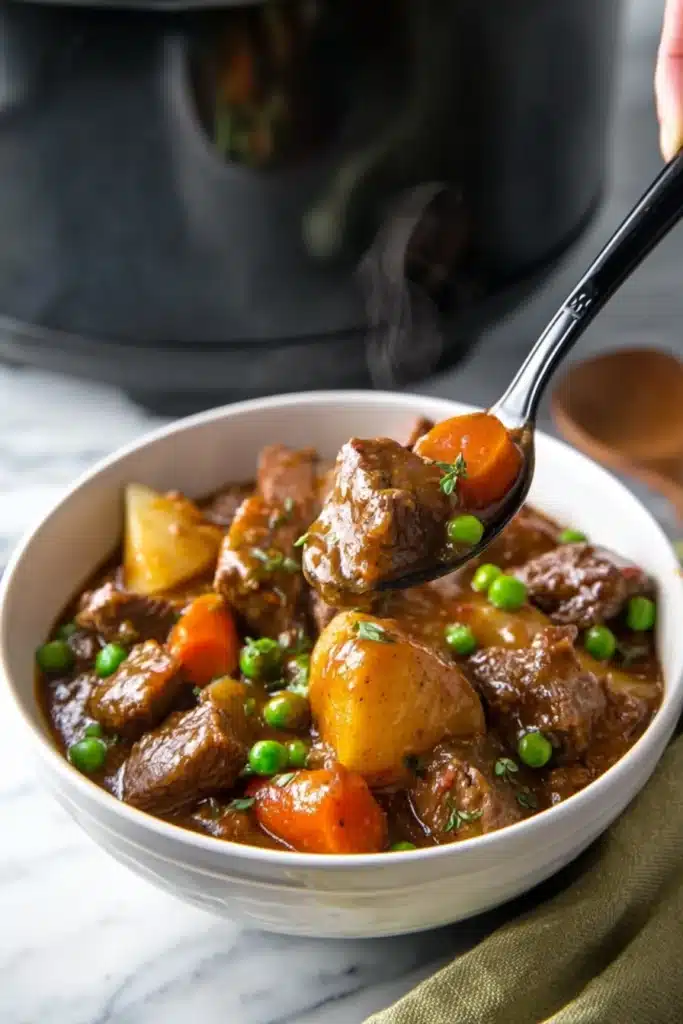 Crockpot beef stew with tender beef, carrots, potatoes, and peas in rich gravy