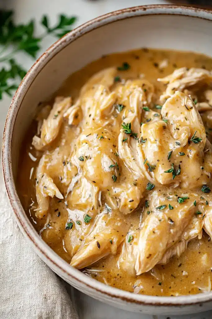 Crockpot chicken and gravy in creamy sauce with tender shredded chicken