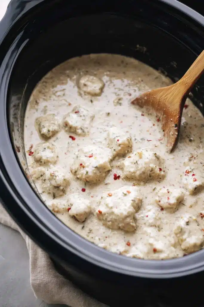 Crockpot garlic parmesan chicken pasta cooking in creamy sauce in a slow cooker