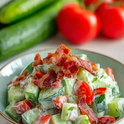 Crunchy cucumber salad with bacon, tomatoes, and creamy dressing in a bowl
