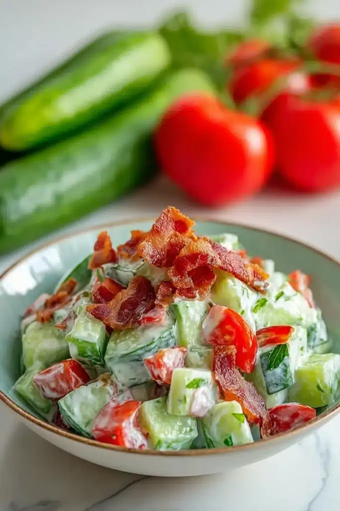 Crunchy cucumber salad with bacon, tomatoes, and creamy dressing in a bowl