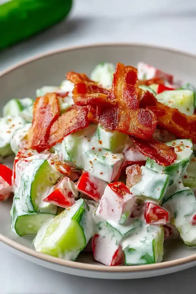Crunchy Cucumber Salad with Bacon close-up with creamy dressing and crispy bacon