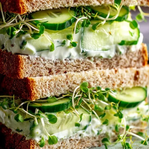 Cucumber Salad Sandwiches with creamy herb spread on whole grain bread
