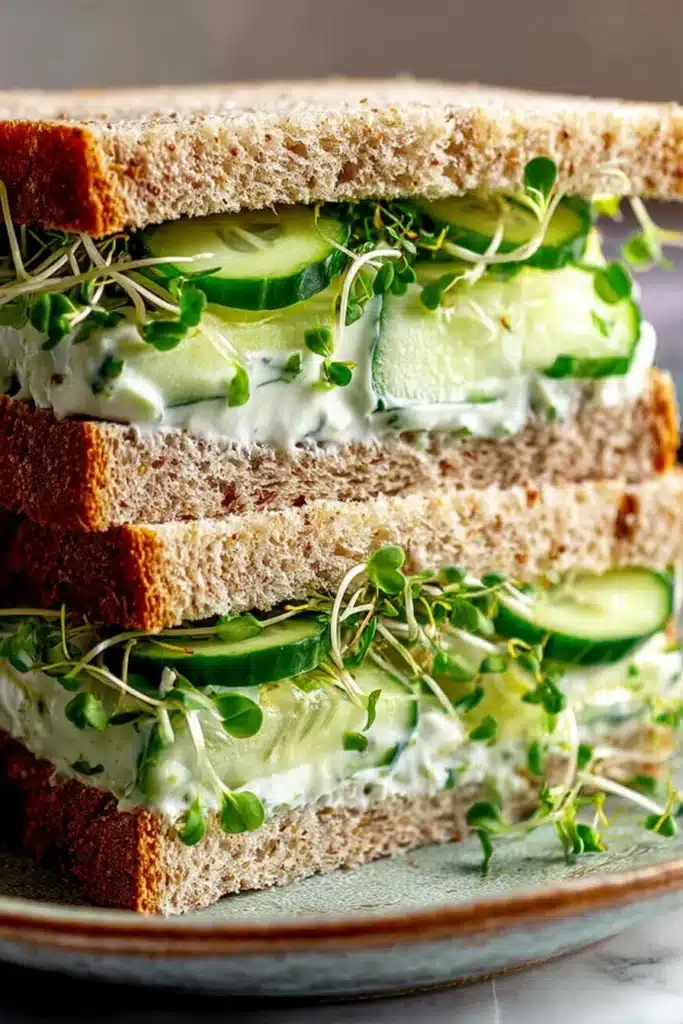 Cucumber salad sandwiches with creamy herb spread on whole grain bread