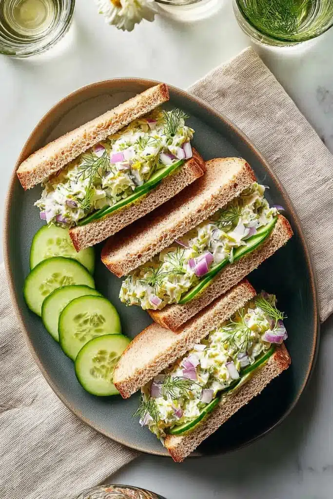 Cucumber salad sandwiches with creamy filling and fresh herbs on plate