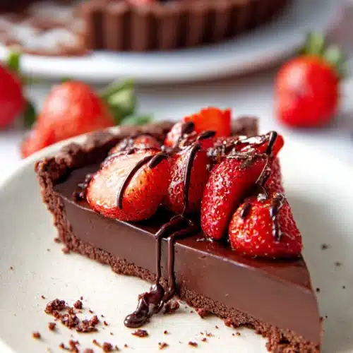 Dark chocolate strawberry tart slice with fresh strawberries and chocolate drizzle on a plate
