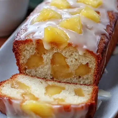 Delicious Easter Pineapple Heaven Cake with vanilla glaze and fresh pineapple chunks on ceramic plate