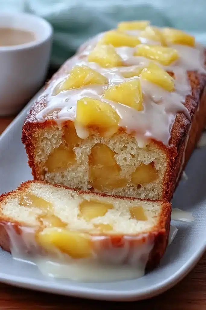 Moist pineapple loaf cake with vanilla glaze and fresh pineapple chunks on ceramic plate