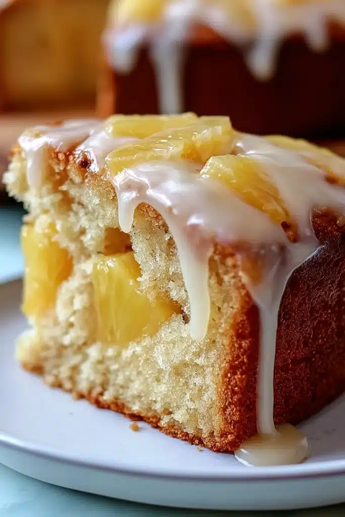 Close up of Delicious Easter Pineapple Heaven Cake slice with glossy glaze and pineapple chunks