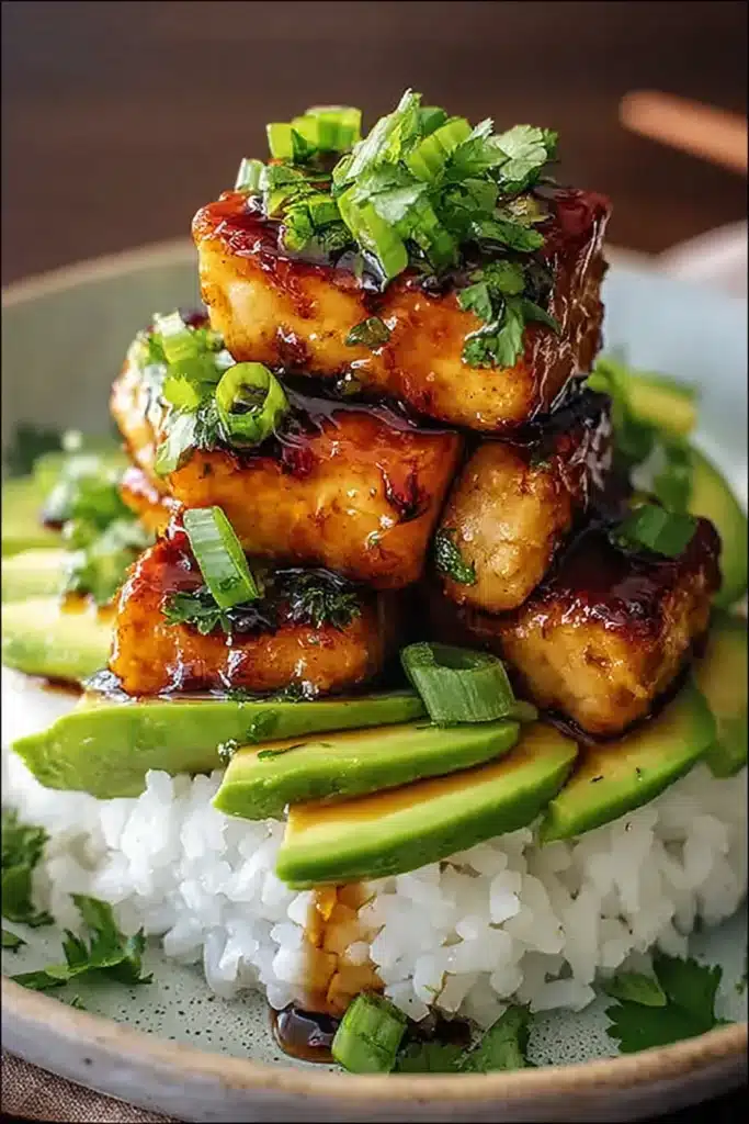 Honey lime glazed chicken stack with avocado and rice on stoneware plate