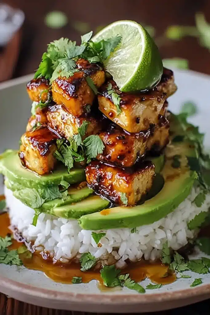 Delicious Honey Lime Chicken stack with avocado and rice on stoneware plate