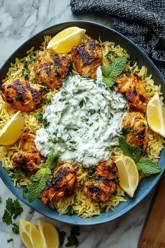 Dump And Bake Chicken Tzatziki Rice with grilled chicken, fluffy rice, and creamy tzatziki sauce