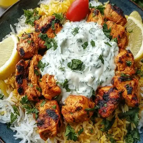 Dump and bake chicken tzatziki rice with grilled chicken, fluffy rice, and creamy tzatziki sauce