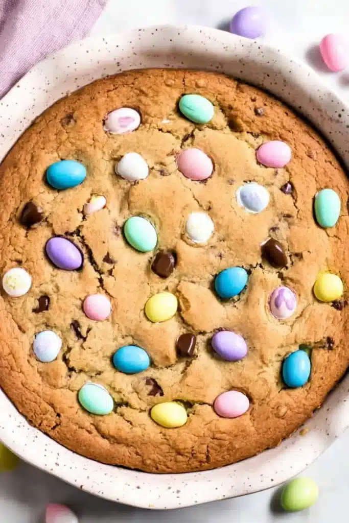 Easter Cookie Cake 2 Top view of Easter Cookie Cake with pastel candies in white pie dish