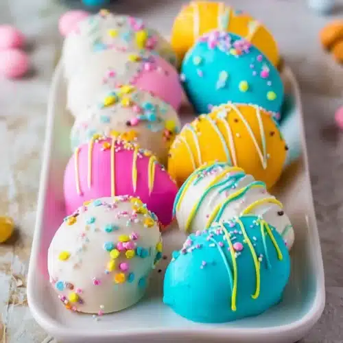 Colorful Easter Egg Oreo balls with sprinkles on a serving plate