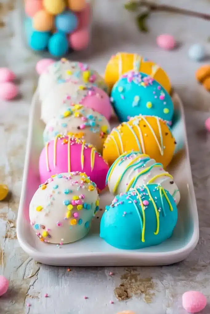 Colorful Easter Egg Oreo balls with sprinkles on a serving plate