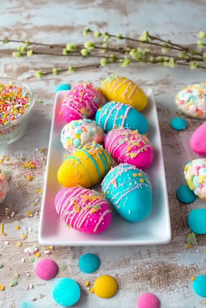 Colorful Easter Egg Oreo balls with sprinkles on a serving plate