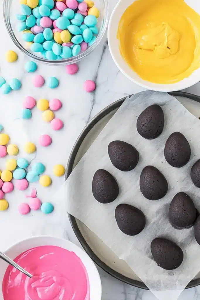Shaped Easter Egg Oreo balls before dipping in pastel candy coating