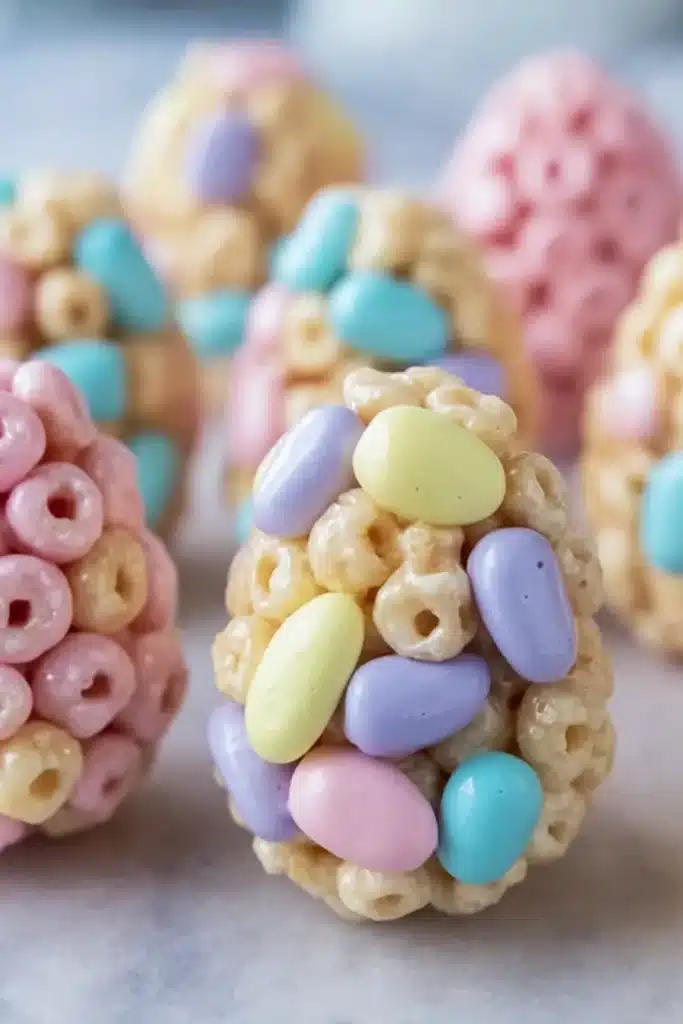 Pastel Easter egg Rice Krispie treats coated in colorful candy shells on stone surface