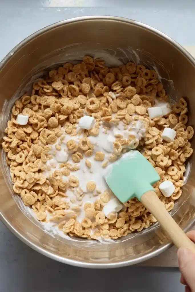 Mixing marshmallow and cereal for Easter Egg Rice Krispie Treats