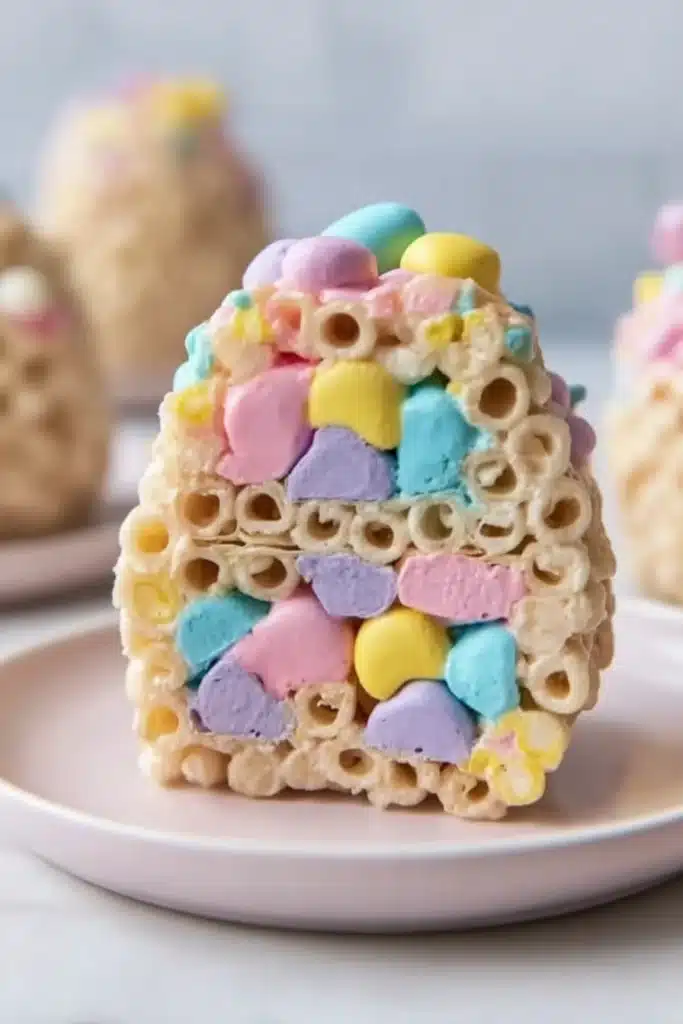 Sliced Easter Egg Rice Krispie Treats showing colorful chewy interior