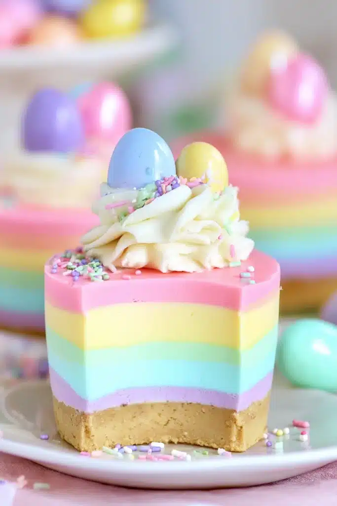 Pastel Easter no-bake mini cheesecake with whipped cream and candy eggs