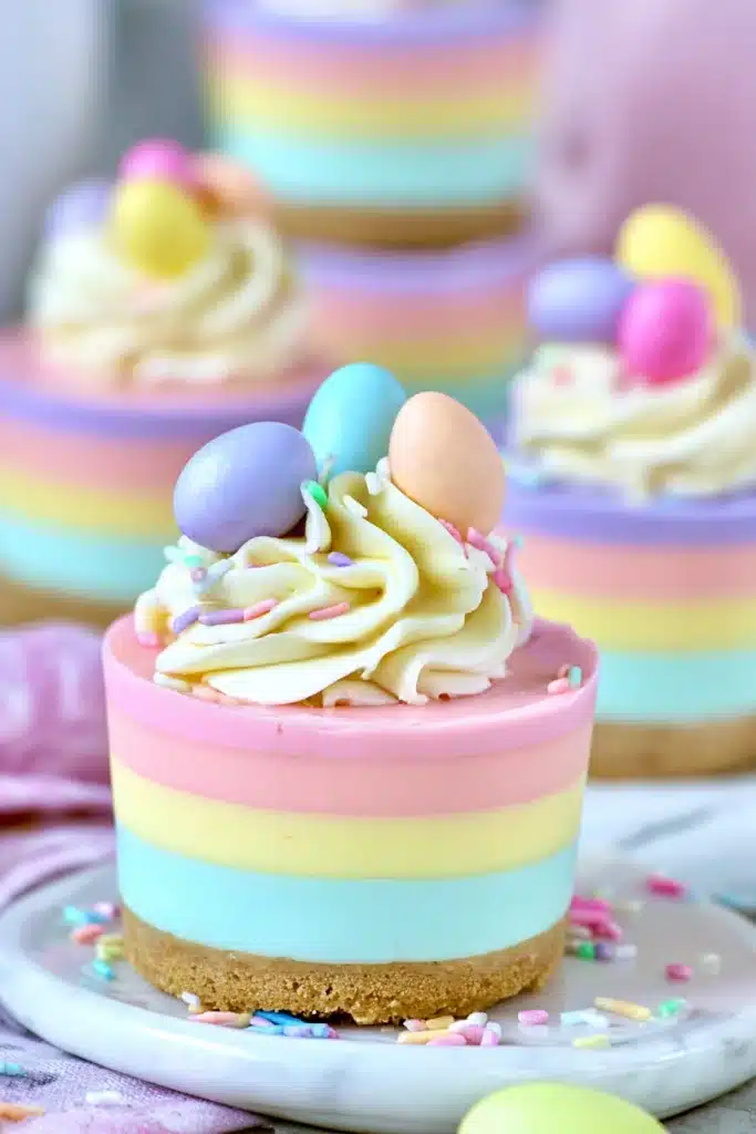 Easter No-Bake Mini Cheesecakes with pastel layers and whipped cream