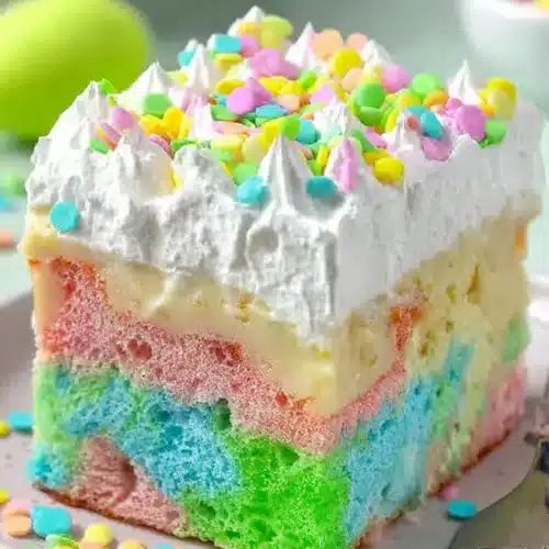 Colorful Easter poke cake slice with pastel layers, creamy pudding filling, and whipped cream topping with sprinkles