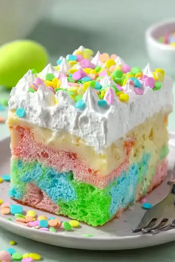 Colorful Easter poke cake slice with pastel layers, creamy pudding filling, and whipped cream topping with sprinkles