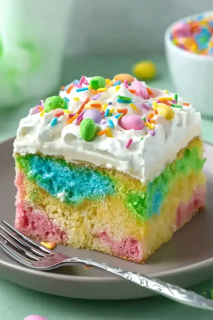 Colorful Easter poke cake slice with pastel layers, creamy pudding filling, and whipped cream topping with sprinkles