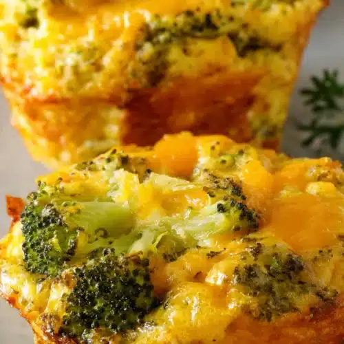 Easy broccoli cheese cups with crispy edges and melted cheddar in close-up