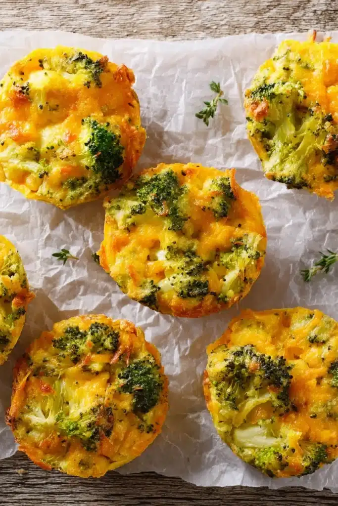 Easy Broccoli Cheese Cups baked golden and crispy on parchment paper