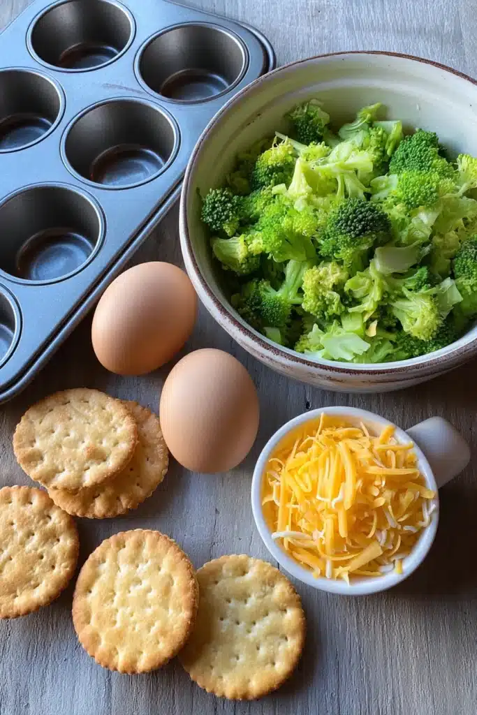 Easy Broccoli Cheese Cups ingredients with broccoli cheese crackers and egg
