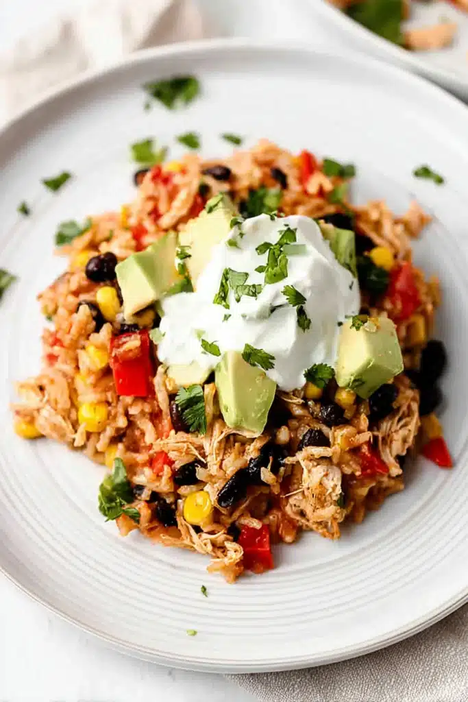 Easy Chicken Burrito Casserole 3 Easy Chicken Burrito Casserole topped with avocado and sour cream