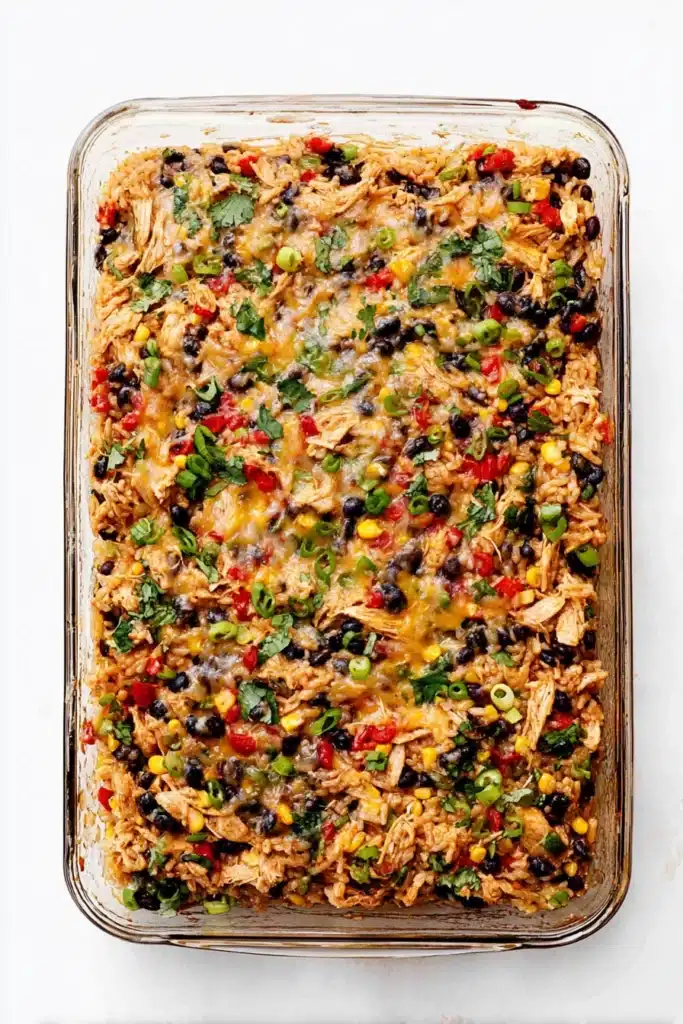 Easy Chicken Burrito Casserole 2 Easy Chicken Burrito Casserole baked in glass dish with black beans and cheese