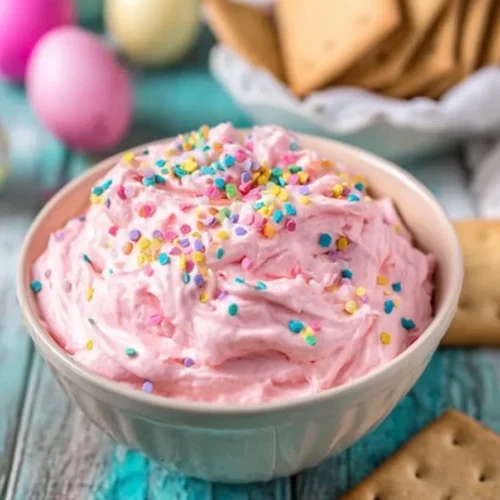 Easter Cookie Cake Dip Recipe 5 Creamy pink Easter dessert dip with sprinkles in a bowl on rustic table