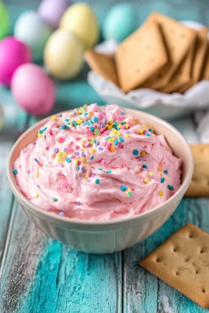 Easter Cookie Cake Dip Recipe 1 Creamy pink Easter dessert dip with sprinkles in a bowl on rustic table