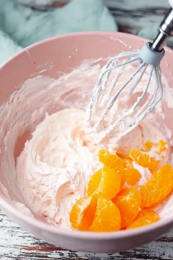 Easter Cookie Cake Dip Recipe 2 Easter Cookie Cake dip mixing with mandarin oranges in bowl