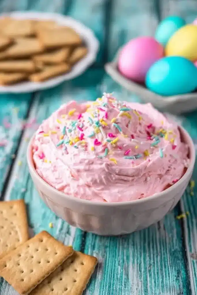 Easter Cookie Cake Dip Recipe 4 Creamy pink Easter dessert dip with sprinkles in a bowl on rustic table
