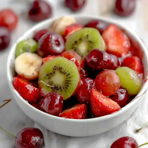 Easy fruit salad with cherries, strawberries, kiwi, grapes and banana in a bowl with glossy cherry glaze